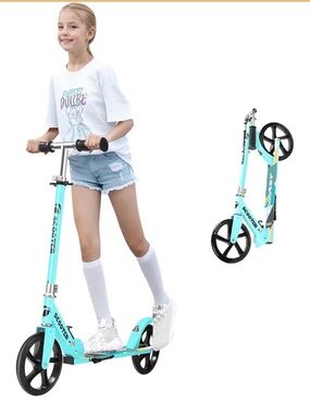 Folding Big Wheel Kick Scooter Teal Adjustable
Handlebar Kids Teens Adults